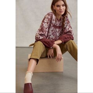 NEW Anthropologie Cleobella Rafia Lace Balloon-Sleeve Button Blouse Top X-Small